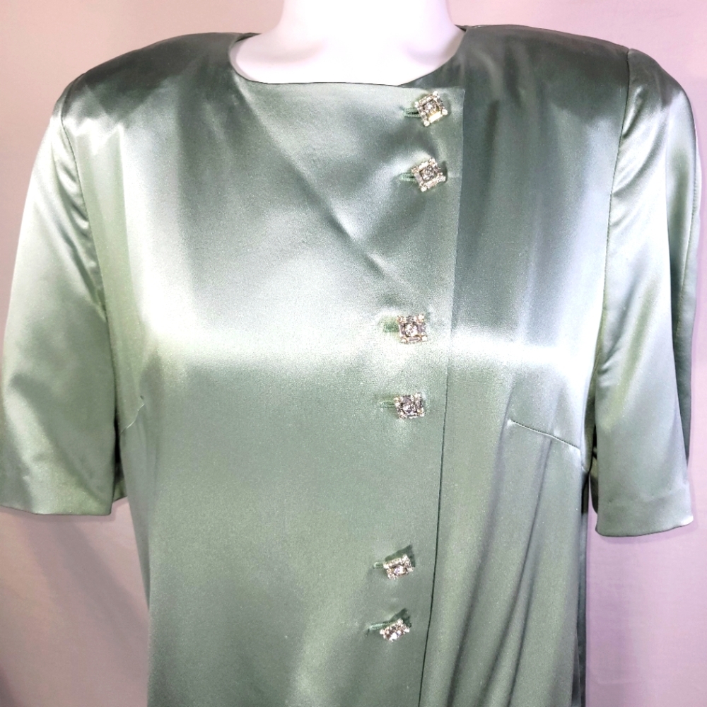 Vintage Carol Lubin Satin Flapper Ruffle Rhinestone Button Dress 80s Formal